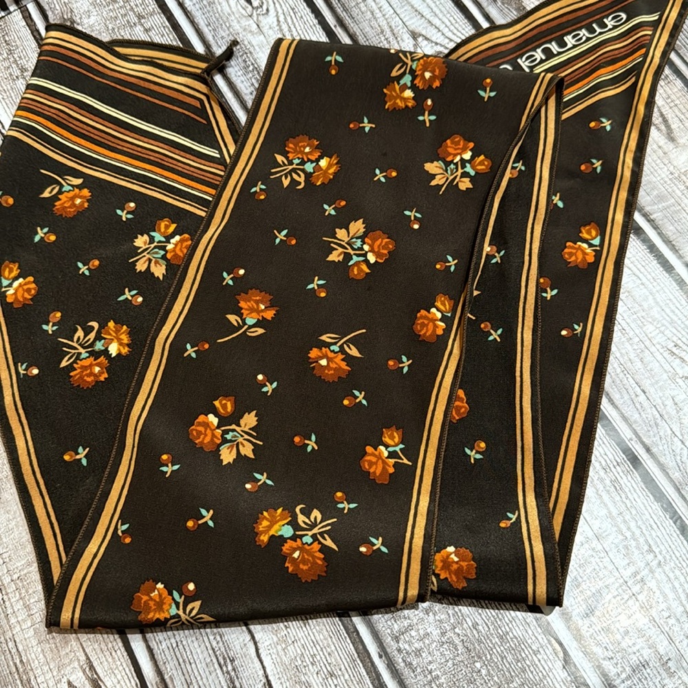 Emanuel Ungaro Silk Vintage Brown Flowers Stripes Lovely 60’s 70’s Skinny Scarf - Picture 6 of 13